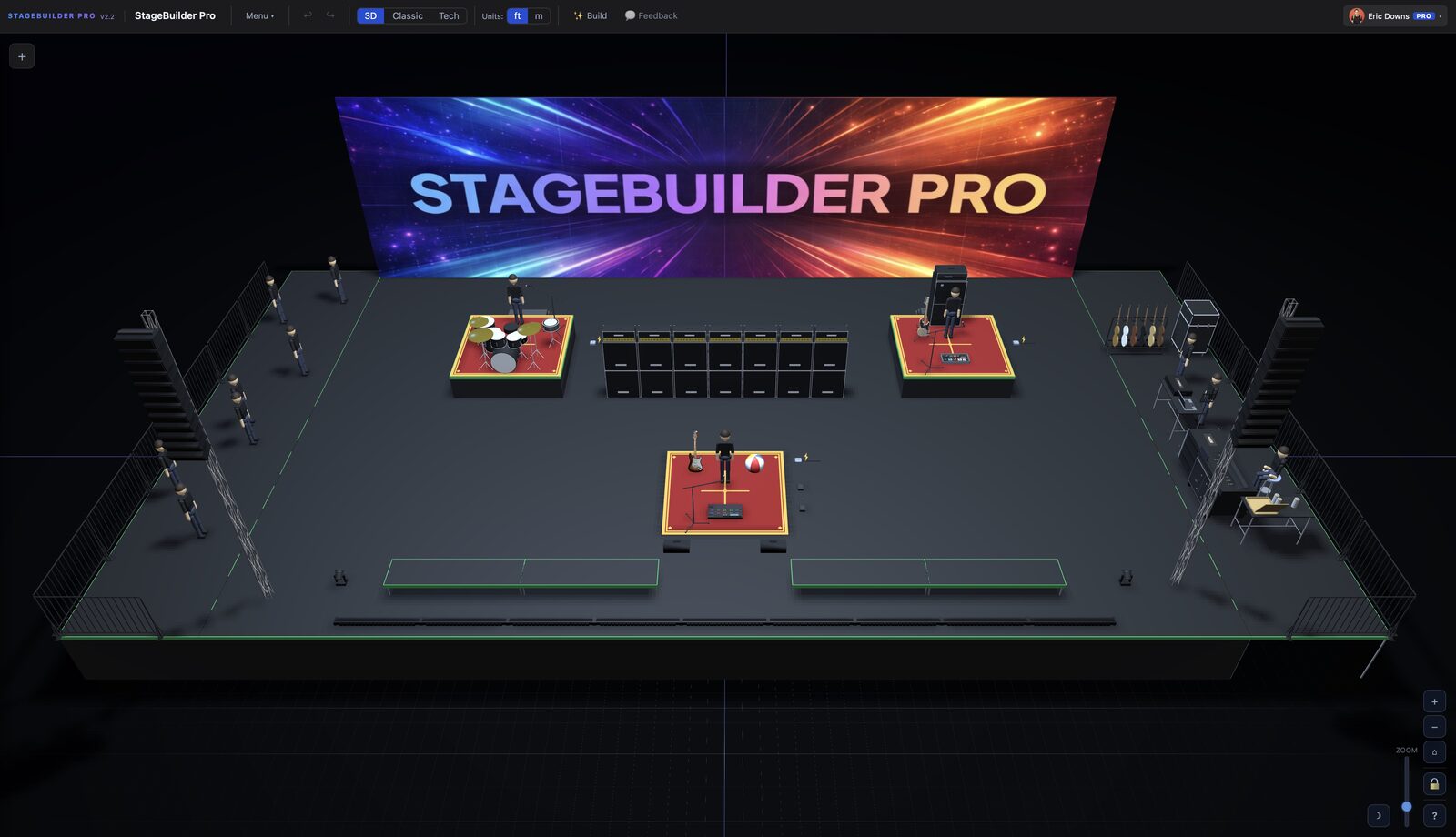 StageBuilder Pro 3D stage plot builder — drag-and-drop stage plot editor with audio, lighting, video, and staging